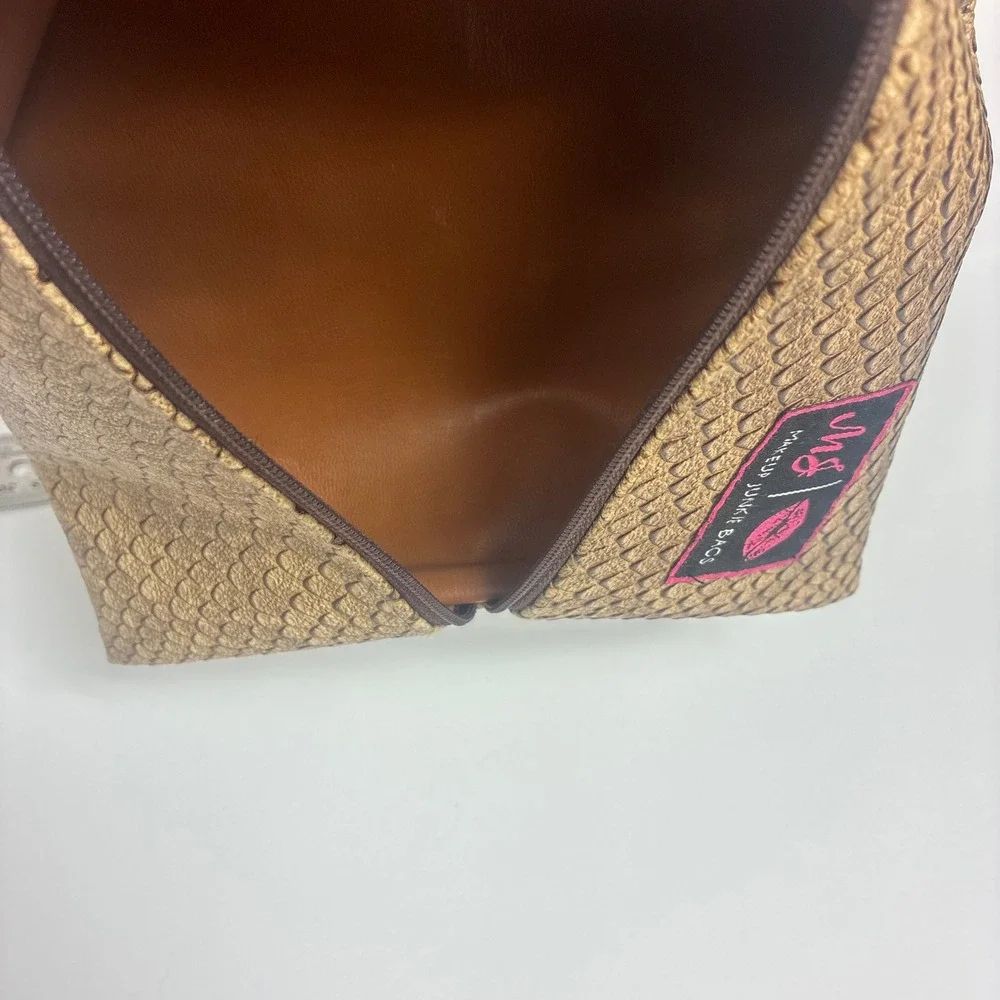 Makeup Junkie Bag Cosmetic Pouch Gold Snakeskin Tassel Zipper Clutch Glam